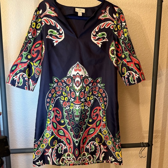 LOFT Navy Paisley Floral Print Shift Dress 4 V-Neck 3/4 Bell Sleeve. - Picture 1 of 11